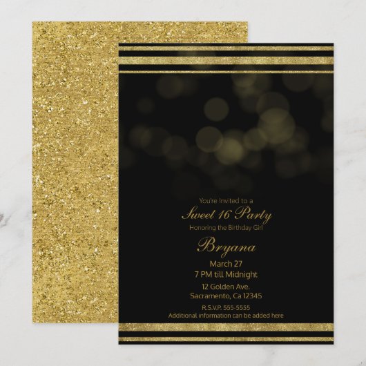 Elegant Zwart Goud Glitter Sparkle Sweet 16 Party Kaart (Voorkant / Achterkant)