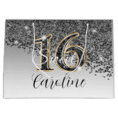 Elegant Zwart & Goud Glitter Sweet 16 Verjaardag Groot Cadeauzakje (Voorkant)