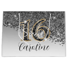 Elegant Zwart & Goud Glitter Sweet 16 Verjaardag Groot Cadeauzakje