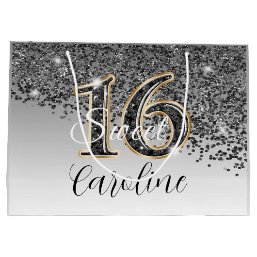 Elegant Zwart & Goud Glitter Sweet 16 Verjaardag Groot Cadeauzakje (Achterkant)