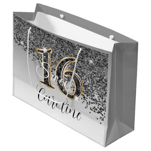 Elegant Zwart & Goud Glitter Sweet 16 Verjaardag Groot Cadeauzakje (Voorkant Gekanteld)