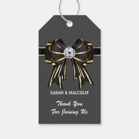 Elegant zwart goud grijs formele satijnboogdiamant cadeaulabel (Voorkant)