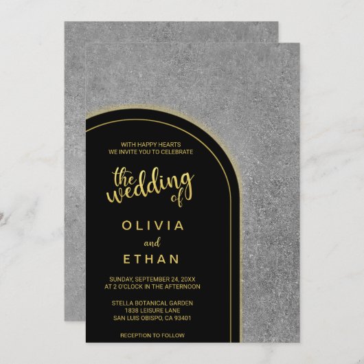 Elegant zwart goud grijs huwelijk uitnodiging (Voorkant / Achterkant)