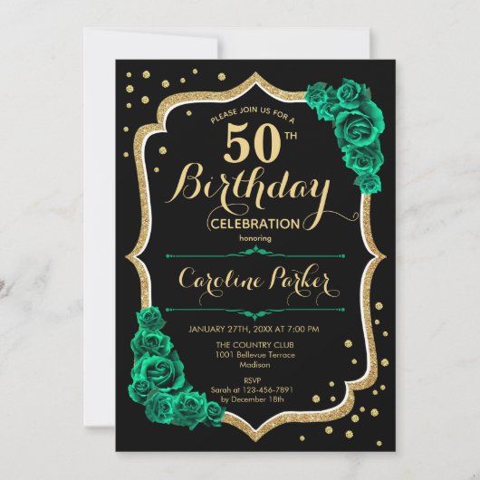 Elegant Zwart Goud Groen Foto 50e Verjaardag Kaart (Voorkant)