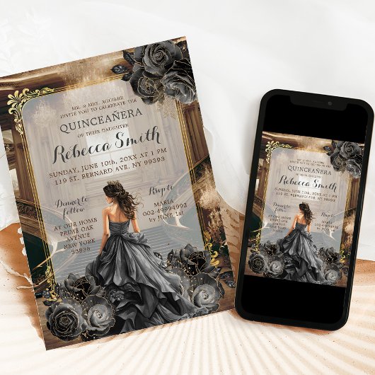 Elegant Zwart Goud Grote Balzaal Prinses 15 Años Kaart