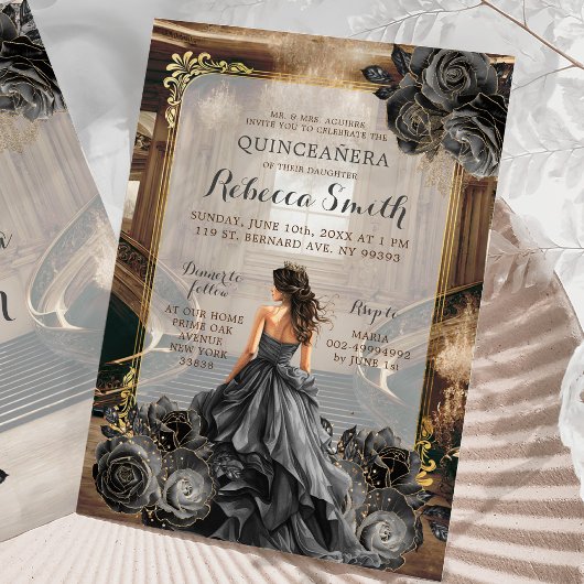 Elegant Zwart Goud Grote Balzaal Prinses 15 Años Kaart