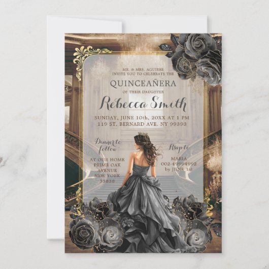 Elegant Zwart Goud Grote Balzaal Prinses 15 Años Kaart (Voorkant)