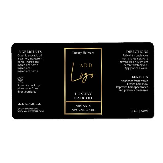 Elegant Zwart & Goud Haarolie Dropper Flessenetike Etiket (Voorkant)