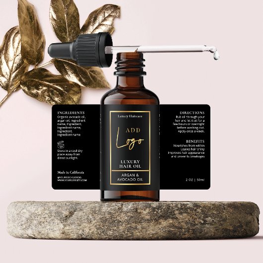 Elegant Zwart & Goud Haarolie Dropper Flessenetike Etiket