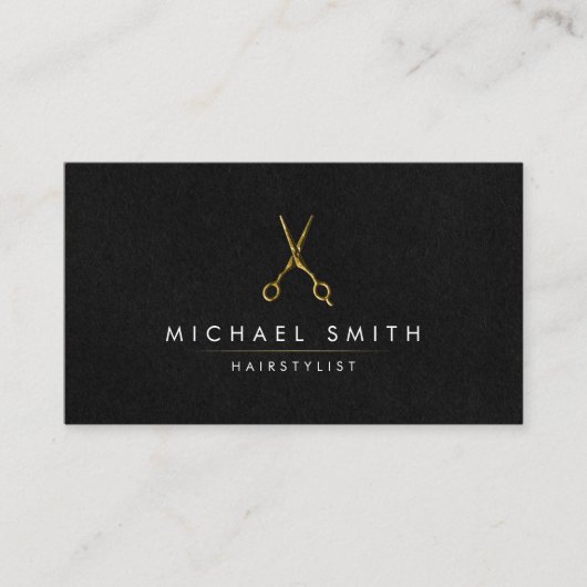 Elegant Zwart Goud Haarstylist Schaar Minimalist Visitekaartje (Voorkant)