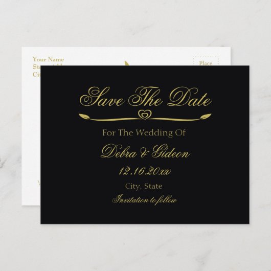Elegant Zwart & Goud Hart Bloei Save the Date Aankondigingskaart (Voorkant / Achterkant)