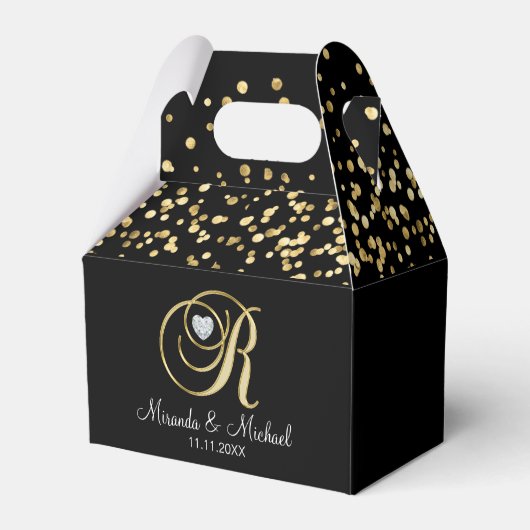 Elegant Zwart Goud Hart Monogram R Huwelijkscadeau Bedankdoosjes (Achterkant)