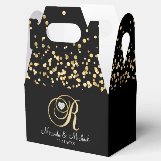 Elegant Zwart Goud Hart Monogram R Huwelijkscadeau Bedankdoosjes (Geopend)