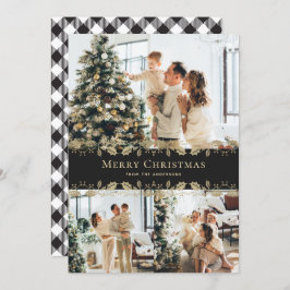 Elegant Zwart Goud Holly Plaid Foto Kerstmis Feestdagenkaart