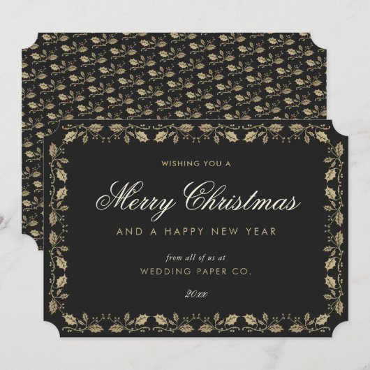 Elegant Zwart Goud Holly Zakelijke Kerstmis Kaart (Voorkant / Achterkant)