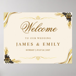 Elegant zwart & goud huwelijks welkomstbord poster