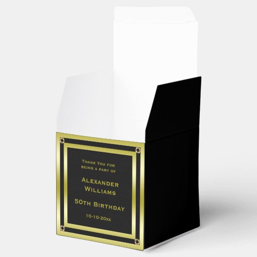 Elegant Zwart & Goud Ingelijste 50ste Verjaardag Bedankdoosjes (Geopend)