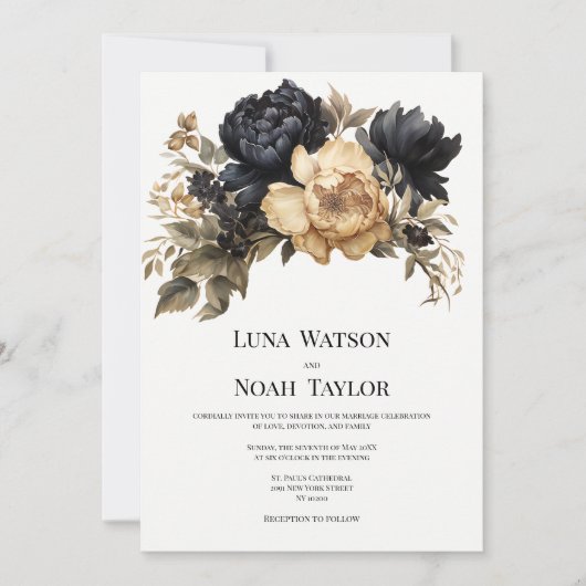 Elegant zwart goud ivoor pioen bloemenbruiloft kaart (Voorkant)