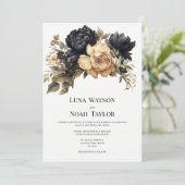 Elegant zwart goud ivoor pioen bloemenbruiloft kaart (Staand voorkant)