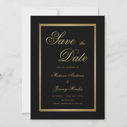 Elegant Zwart Goud Kalligrafie Save the Date Kaart (Voorkant)