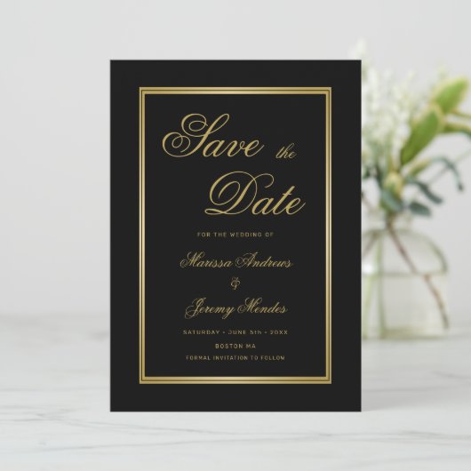 Elegant Zwart Goud Kalligrafie Save the Date Kaart (Staand voorkant)
