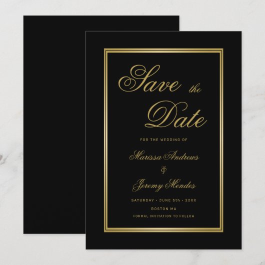 Elegant Zwart Goud Kalligrafie Save the Date Kaart (Voorkant / Achterkant)