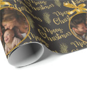 Elegant Zwart & Goud Kerstfoto Ornament Cadeaupapier (Rol Hoek)