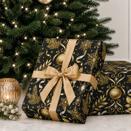 Elegant Zwart Goud Kerstvakantie Cadeaupapier