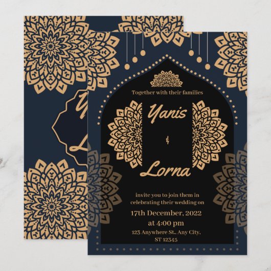 ELEGANT zwart GOUD KLASSIEKER MANDALA BRUILOFT INV Kaart (Voorkant / Achterkant)