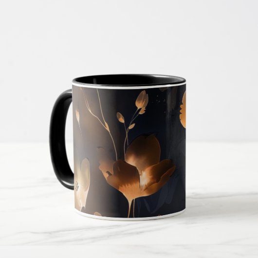 Elegant zwart goud koper terra cotta floral mok (Voorkant links)