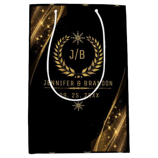 Elegant Zwart Goud Laurel Treat Feestelijk Ontwerp Medium Cadeauzakje (Voorkant)