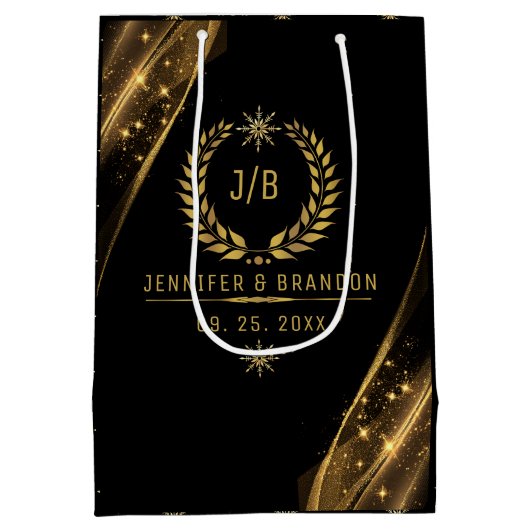 Elegant Zwart Goud Laurel Treat Feestelijk Ontwerp Medium Cadeauzakje (Achterkant)