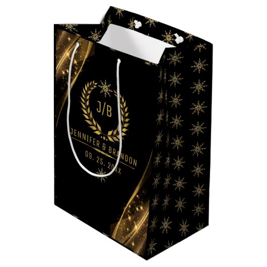 Elegant Zwart Goud Laurel Treat Feestelijk Ontwerp Medium Cadeauzakje (Achterkant Gekanteld)