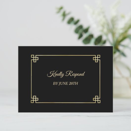Elegant Zwart Goud Lijst Bruiloft Menu RSVP (Staand voorkant)
