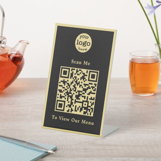Elegant Zwart Goud Logo QR Code Restaurant Menu Reclamebord Met Voetstuk (Insitu)