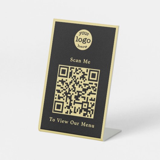Elegant Zwart Goud Logo QR Code Restaurant Menu Reclamebord Met Voetstuk (Voorkant)