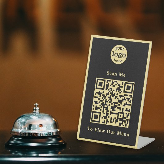 Elegant Zwart Goud Logo QR Code Restaurant Menu Reclamebord Met Voetstuk