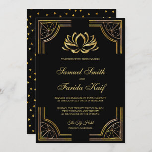 Elegant Zwart Goud Lotus Bloem Bruiloft Uitnodigin Kaart