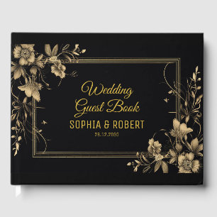Elegant zwart goud luxe script moderne bruiloft gastenboek