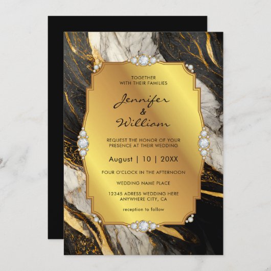 Elegant Zwart Goud Marmeren Diamant Bruiloft Kaart (Voorkant / Achterkant)