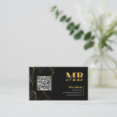 Elegant Zwart Goud Marmeren Initiaal Haar QR Code Visitekaartje (Staand voorkant)