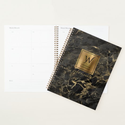 Elegant Zwart Goud Marmeren Monogram 2024 Planner (Display)