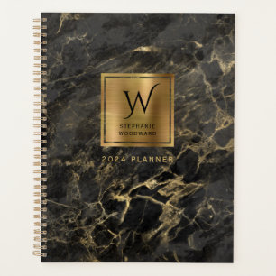 Elegant Zwart Goud Marmeren Monogram 2024 Planner