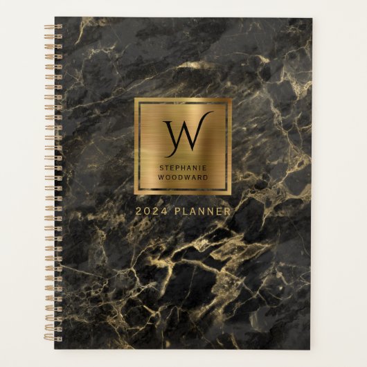 Elegant Zwart Goud Marmeren Monogram 2024 Planner (Voorkant)
