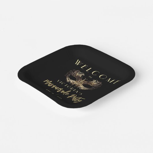 Elegant Zwart Goud Maskerade Feest Verjaardag Papieren Bordje (Gebogen)