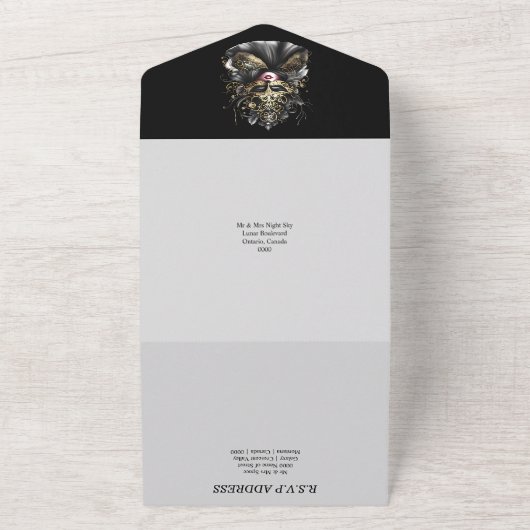 Elegant zwart goud maskerade thema gezichtsmaskers all in one uitnodiging (Buitenkant)