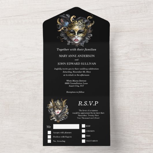 Elegant zwart goud maskerade thema gezichtsmaskers all in one uitnodiging (Binnen)