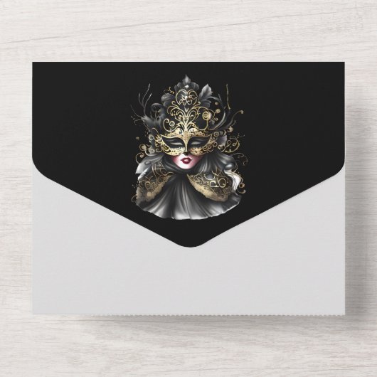 Elegant zwart goud maskerade thema gezichtsmaskers all in one uitnodiging (Achterkant)