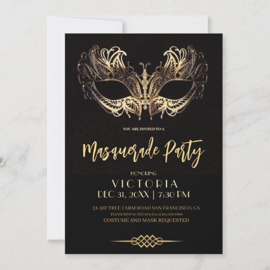 Elegant Zwart Goud Masquerade Party Verjaardag Kaart (Voorkant)