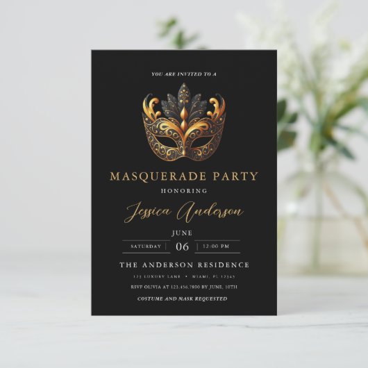 Elegant Zwart Goud Masquerade Party Verjaardag Kaart (Staand voorkant)